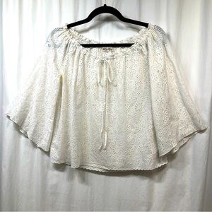 LoveShackFancy White Eyelet Off Shoulder Tie Front 3/4 Bell Sleeve Size 0